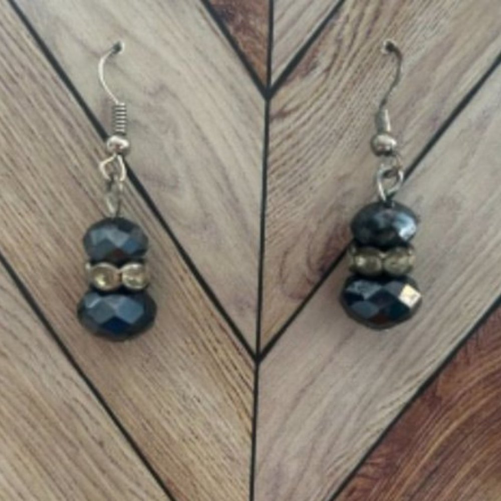 Double black stone with rhinestones drop dangle earrings